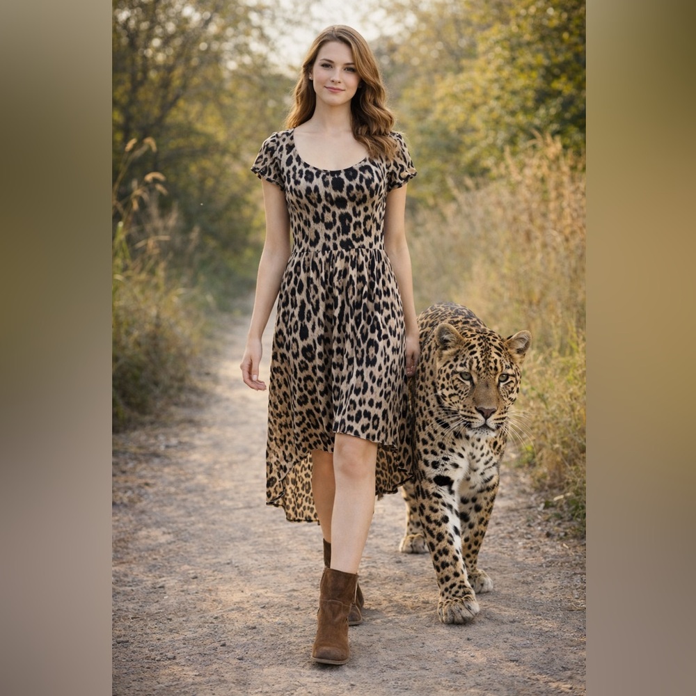 Xileration sz LG leopard print mesh bi level dress short sleeves
